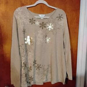CJ Banks Beige Snowflake Embellished Long Sleeve Tee